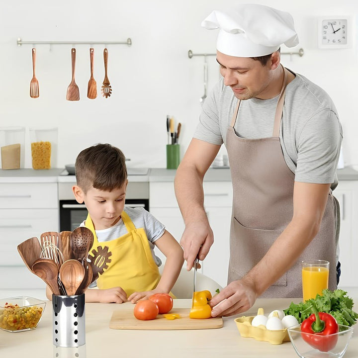 Juego de Utensilios de Cocina de Madera de Teca - 11 Piezas con Soporte