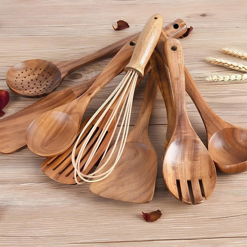 Juego de Utensilios de Cocina de Madera de Teca - 11 Piezas con Soporte