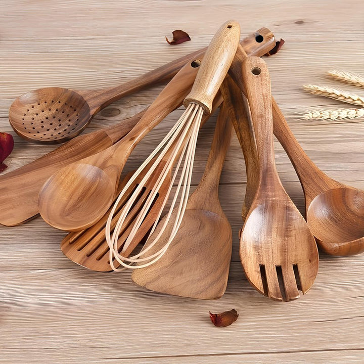 Juego de Utensilios de Cocina de Madera de Teca - 11 Piezas con Soporte