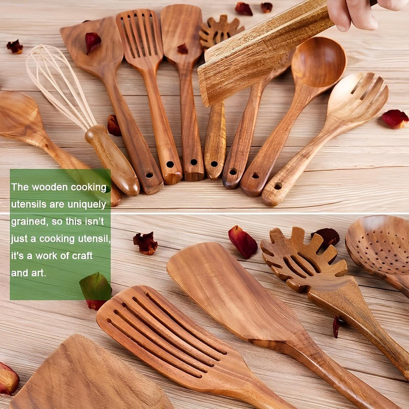 Juego de Utensilios de Cocina de Madera de Teca - 11 Piezas con Soporte