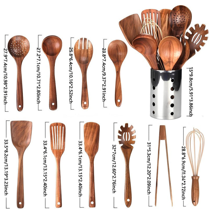 Juego de Utensilios de Cocina de Madera de Teca - 11 Piezas con Soporte