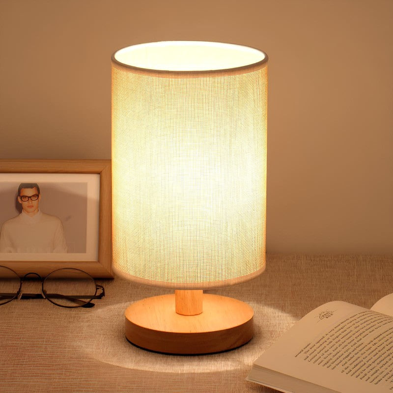 Lámpara de Mesa Cilíndrica con Base de Madera Redonda