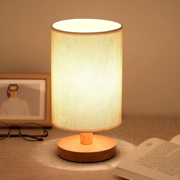 Lámpara de Mesa Cilíndrica con Base de Madera Redonda