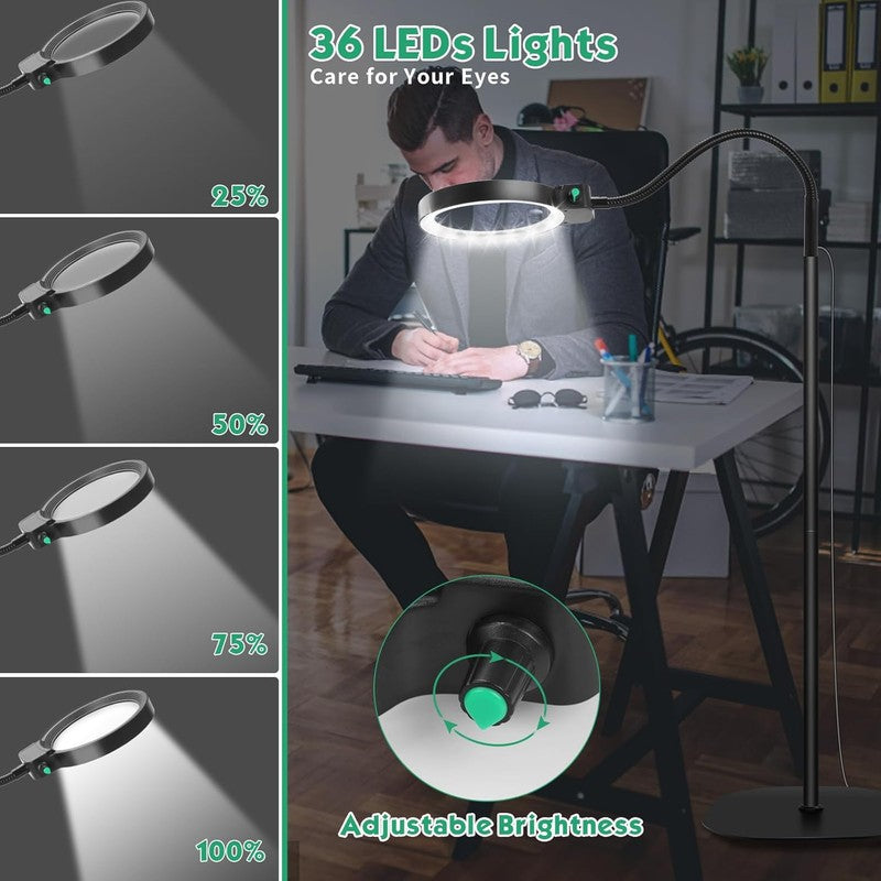 Lámpara Lupa LED de Pie con Cuello de Cisne - 10X y 30X Aumento con 36 LEDs Ajustables
