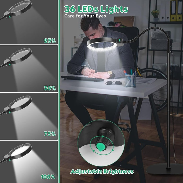 Lámpara Lupa LED de Pie con Cuello de Cisne - 10X y 30X Aumento con 36 LEDs Ajustables