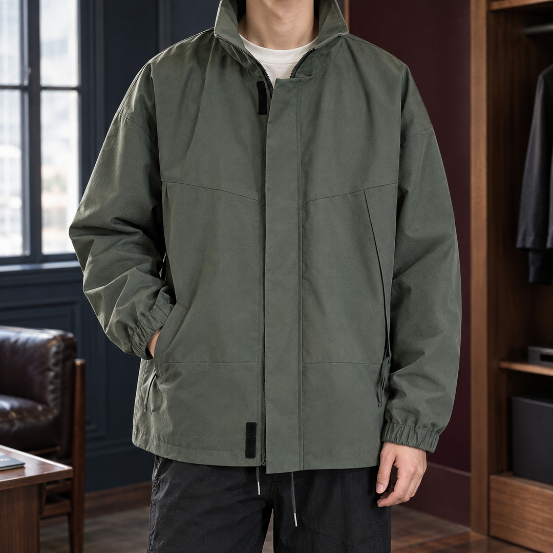 Chaqueta Minimalista de Cuello Subido – Verde Oscuro