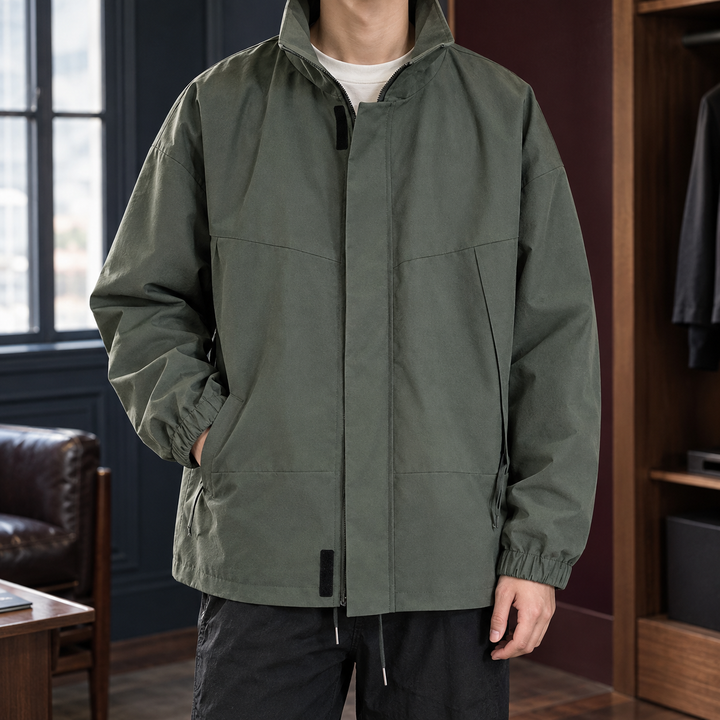 Chaqueta Minimalista de Cuello Subido – Verde Oscuro