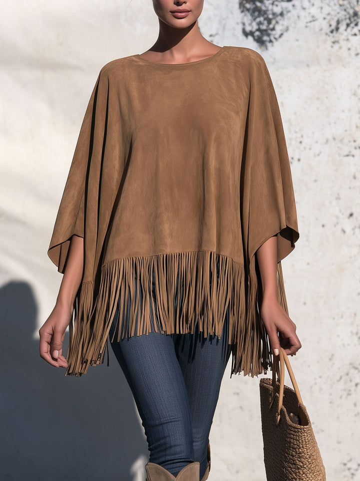 Blusa Holgada con Flecos – Marrón Claro