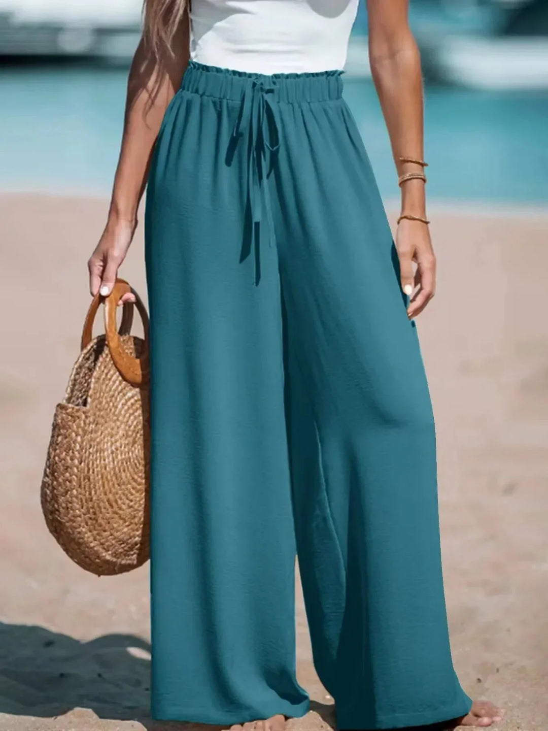 Pantalón Fluido de Tiro Alto – Verde Azulado