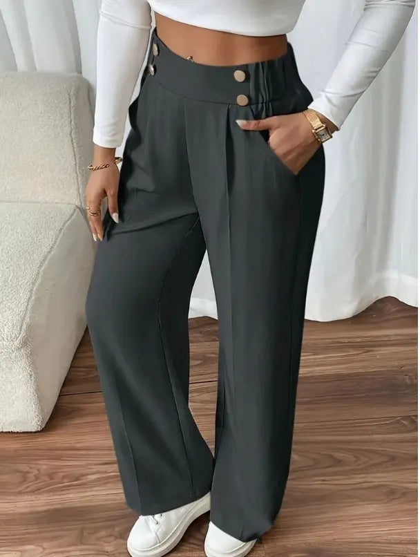 Pantalón Ancho con Botones – Gris Oscuro