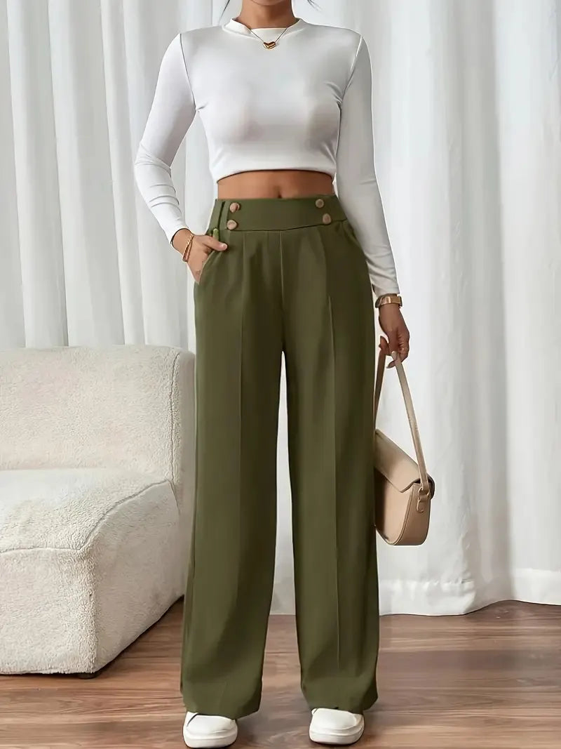 Pantalón Ancho con Botones – Verde Oliva