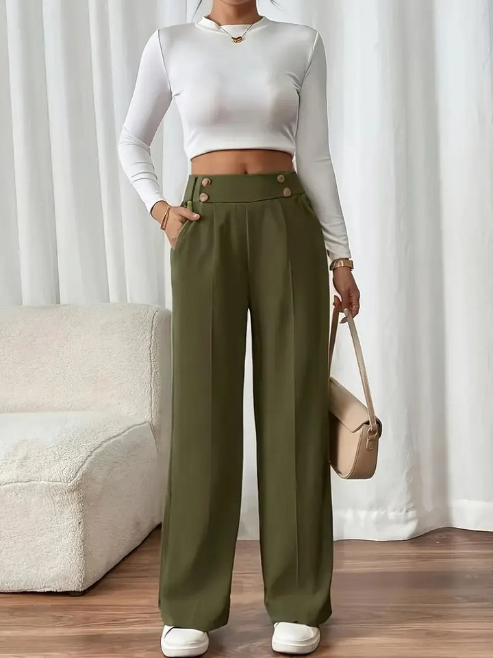 Pantalón Ancho con Botones – Verde Oliva