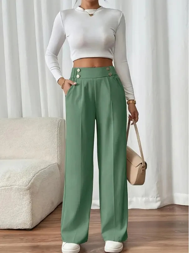 Pantalón Ancho con Botones – Verde Salvia