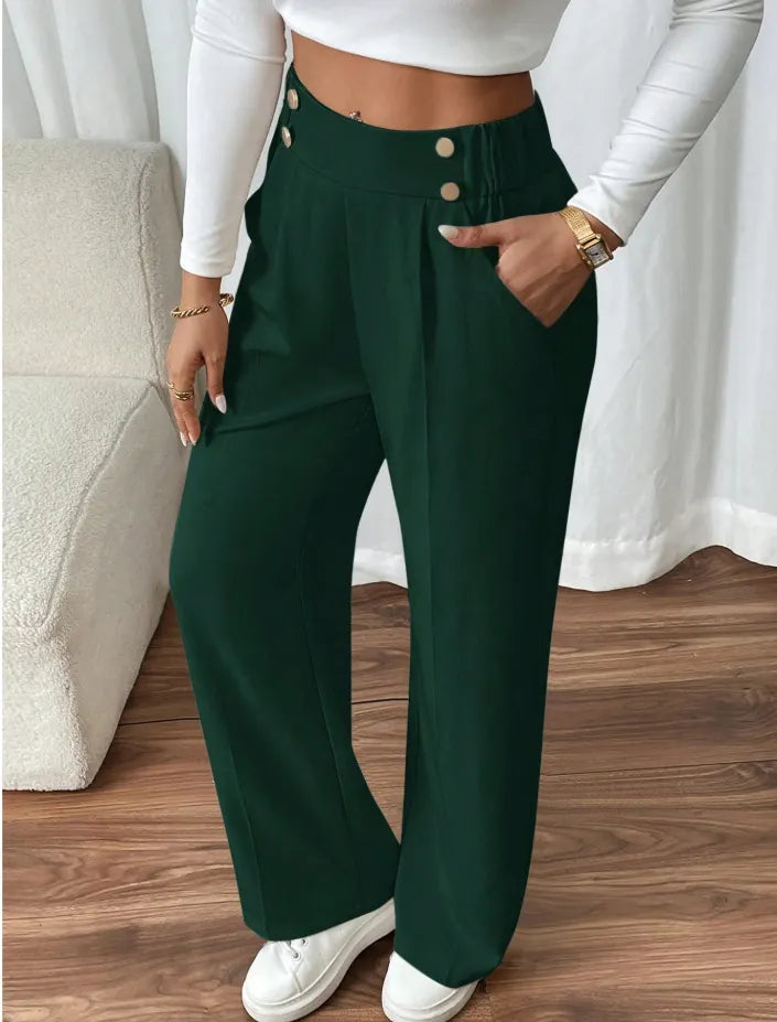 Pantalón Ancho con Botones – Verde Oscuro