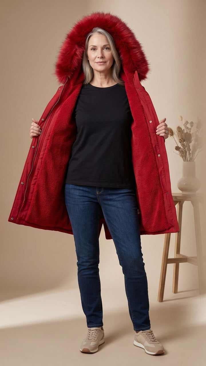 Parka Larga con Capucha – Rojo