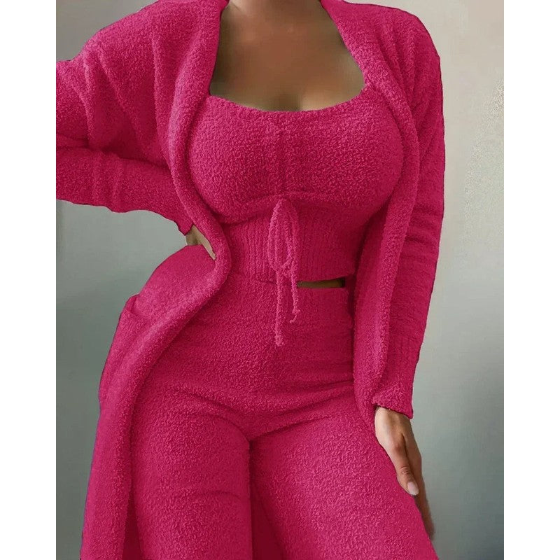 Pijama Mujer Conjunto de Tres Piezas - Top Corto, Pantalón y Chaqueta