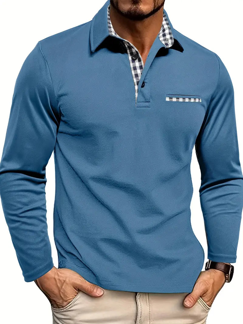 Polo Entallado de Manga Larga – Azul