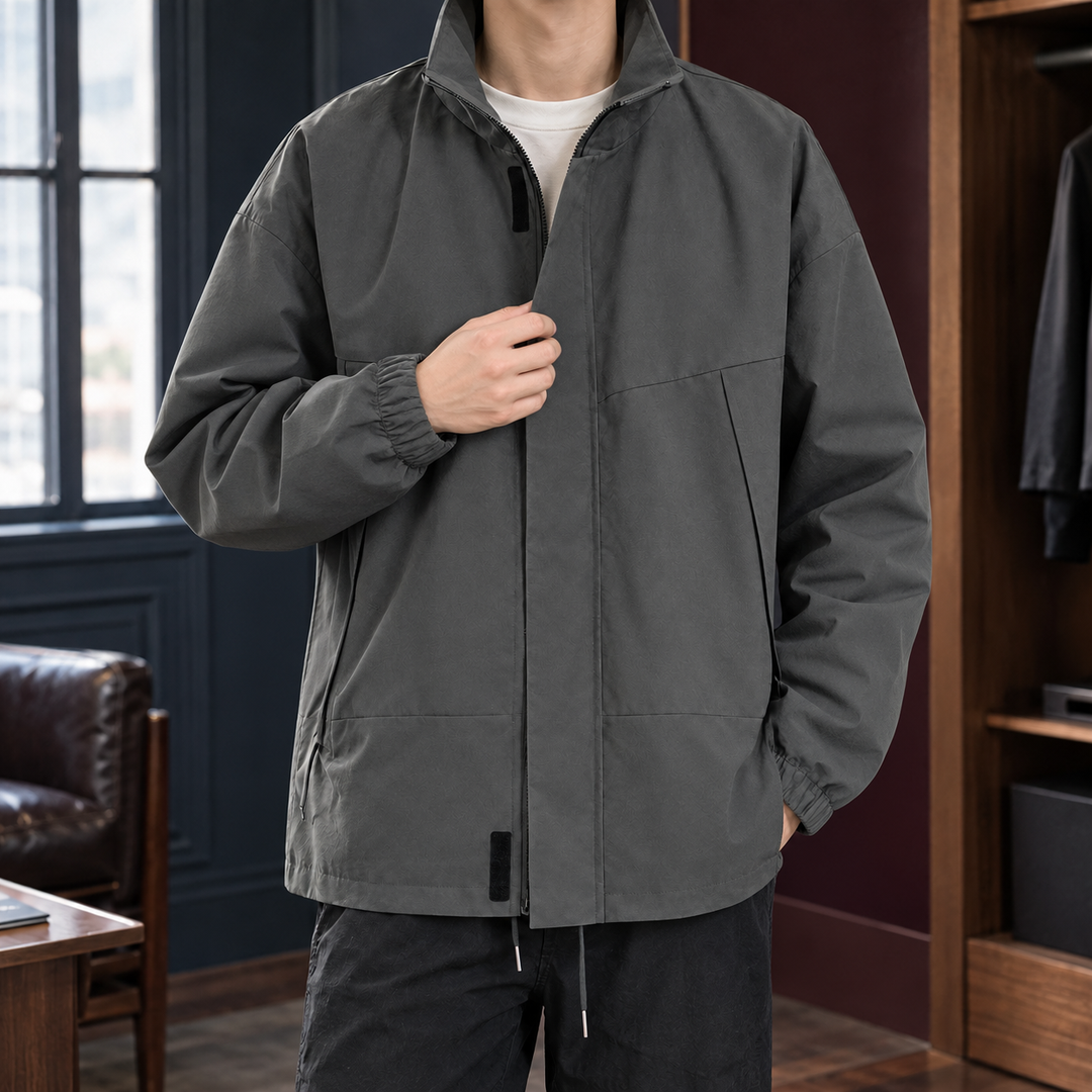 Chaqueta Minimalista de Cuello Subido – Gris Oscuro
