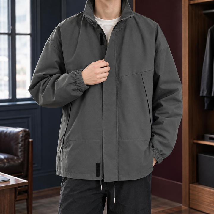 Chaqueta Minimalista de Cuello Subido – Gris Oscuro