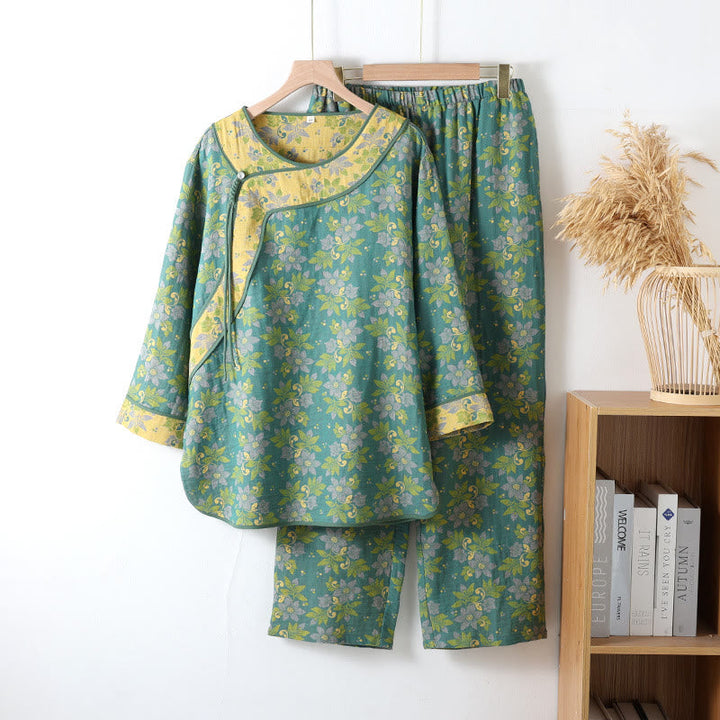 Pijama Floral con Botones – Verde