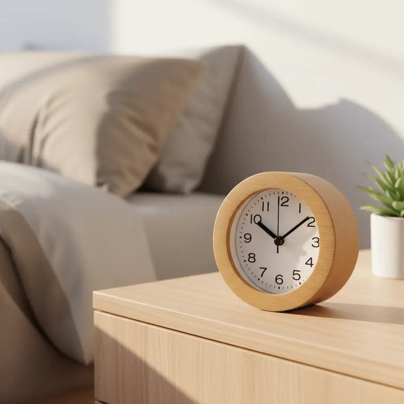 Reloj Despertador de Madera - Esfera Blanca con Números Arábigos