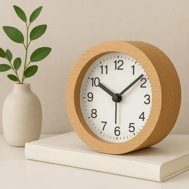 Reloj Despertador de Madera - Esfera Blanca con Números Arábigos