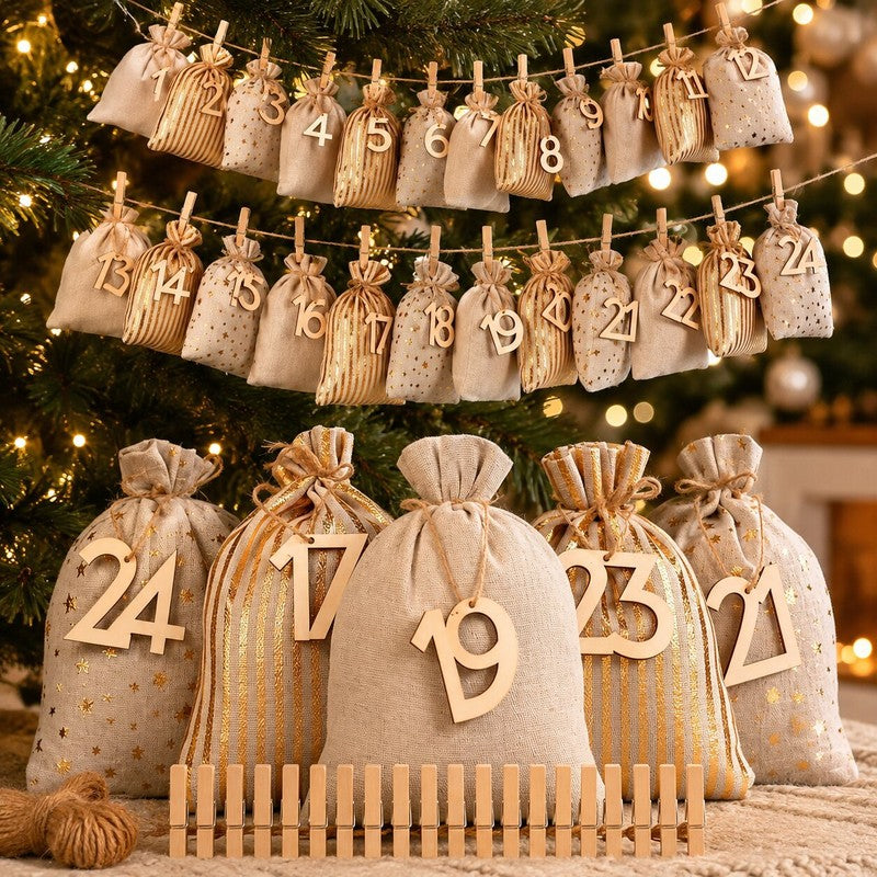 Set de Bolsas de Tela con Cordón para Calendario de Adviento