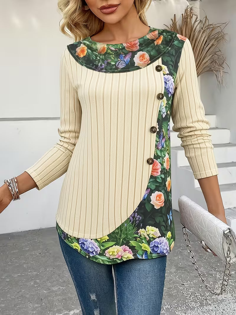 Top con Botones Decorativos – Crema Floral