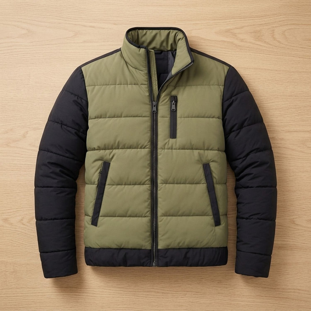 Chaqueta Bicolor Acolchada – Verde Oliva Y Negro